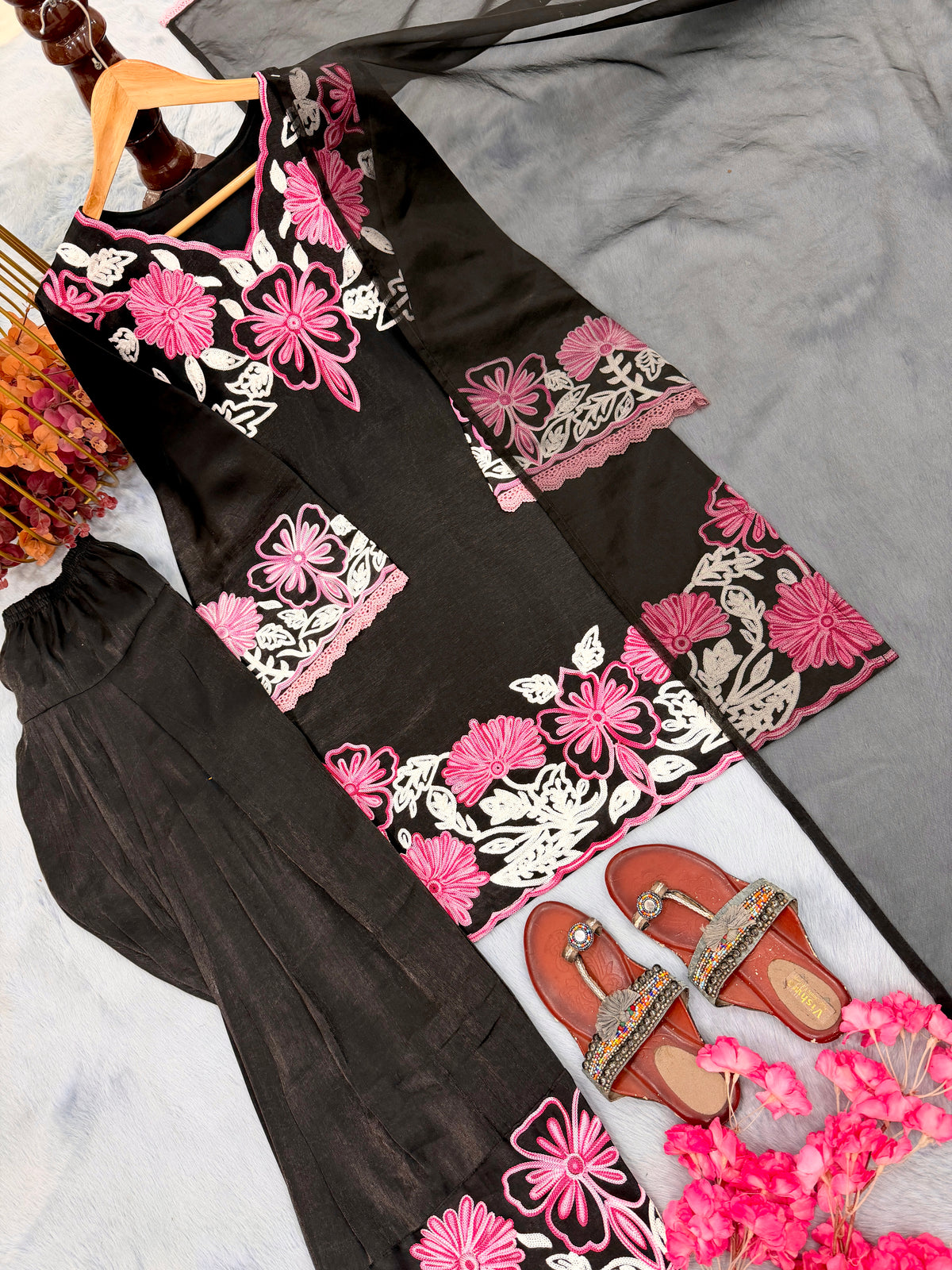 Black & Pink Embroidered Roman Glass Short Kurta with Farshi Palazzo & Dupatta Set