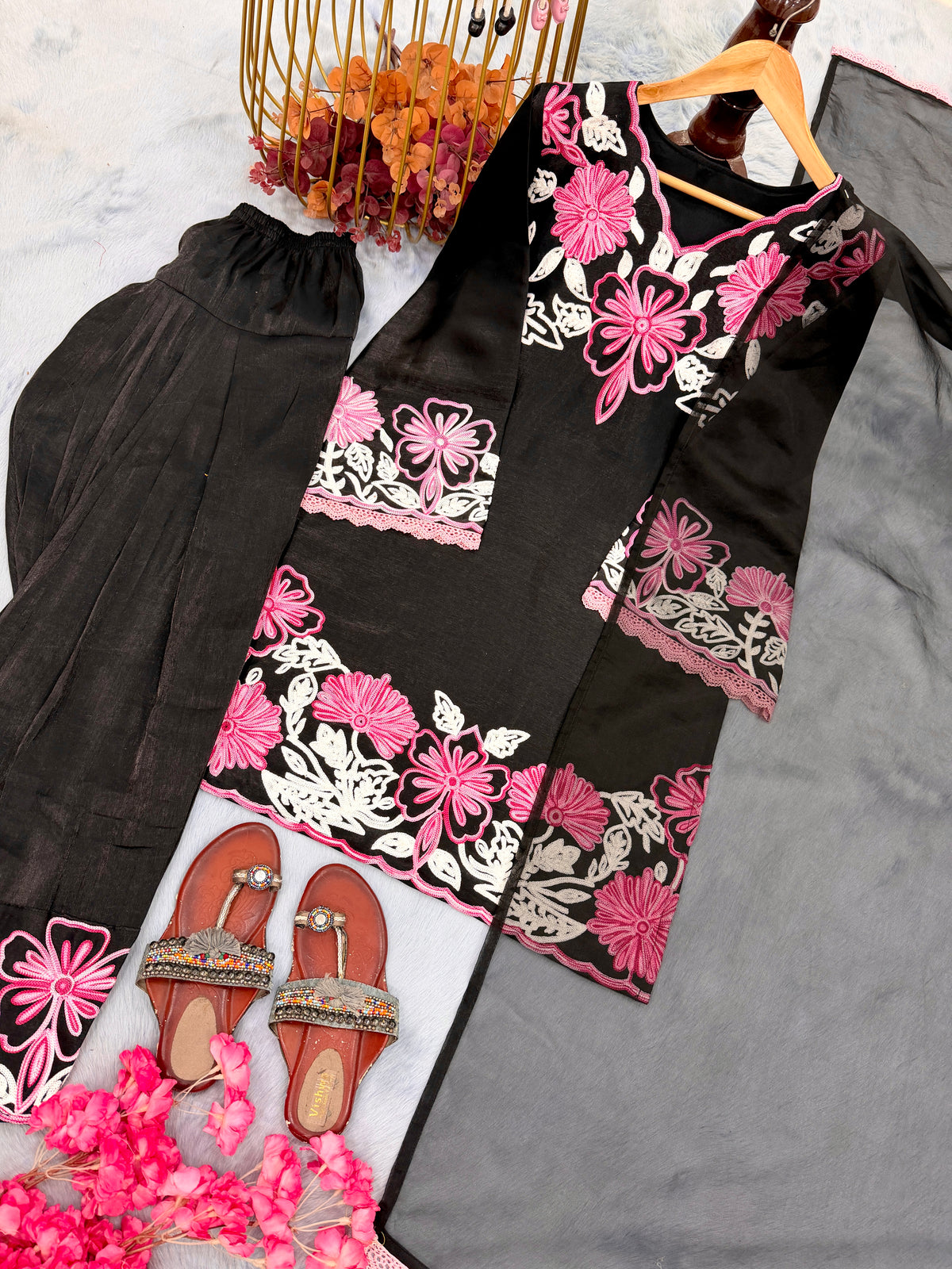 Black & Pink Embroidered Roman Glass Short Kurta with Farshi Palazzo & Dupatta Set