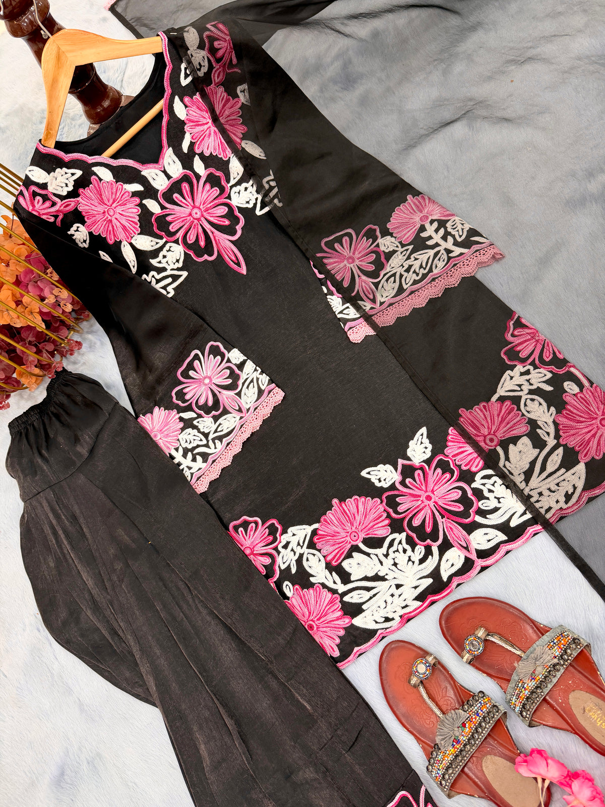 Black & Pink Embroidered Roman Glass Short Kurta with Farshi Palazzo & Dupatta Set
