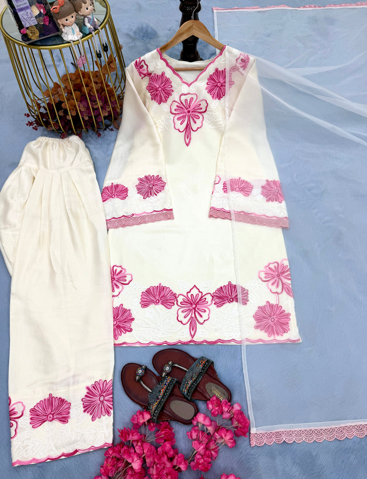 Off-White & Pink Embroidered Roman Glass Short Kurta with Farshi Palazzo & Dupatta Set