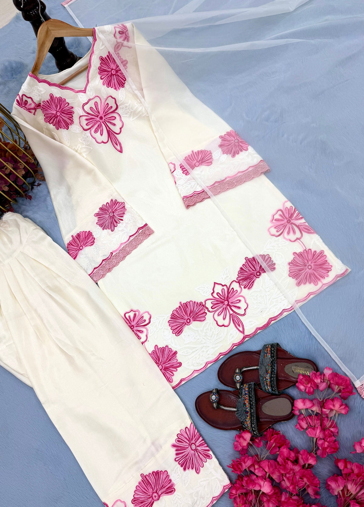Off-White & Pink Embroidered Roman Glass Short Kurta with Farshi Palazzo & Dupatta Set