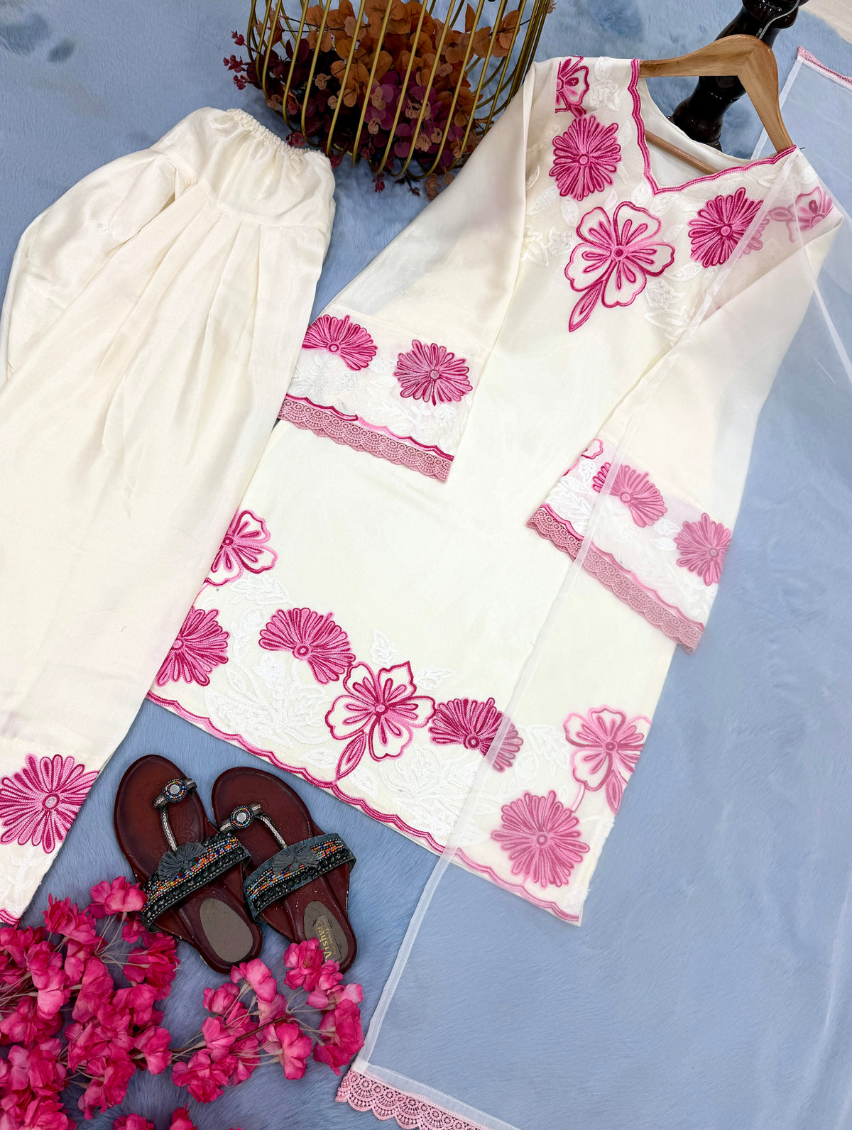 Off-White & Pink Embroidered Roman Glass Short Kurta with Farshi Palazzo & Dupatta Set