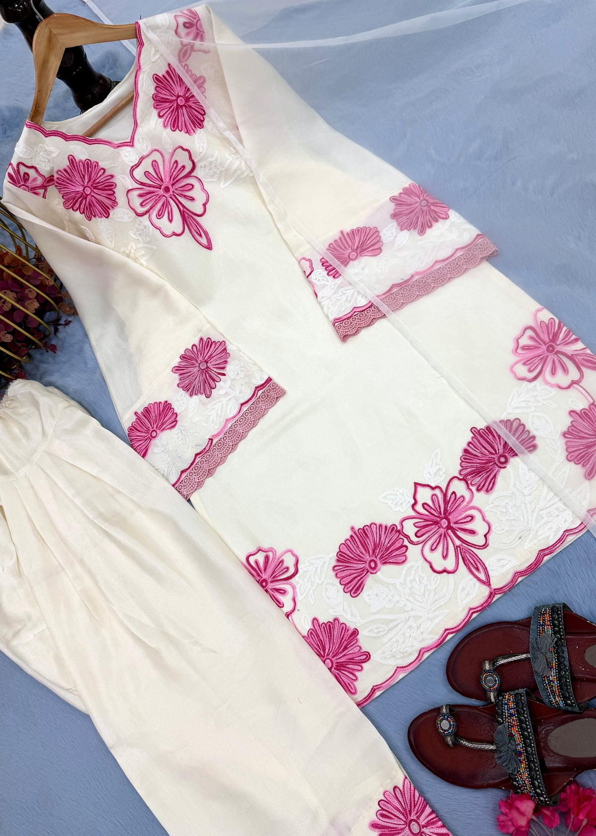 Off-White & Pink Embroidered Roman Glass Short Kurta with Farshi Palazzo & Dupatta Set