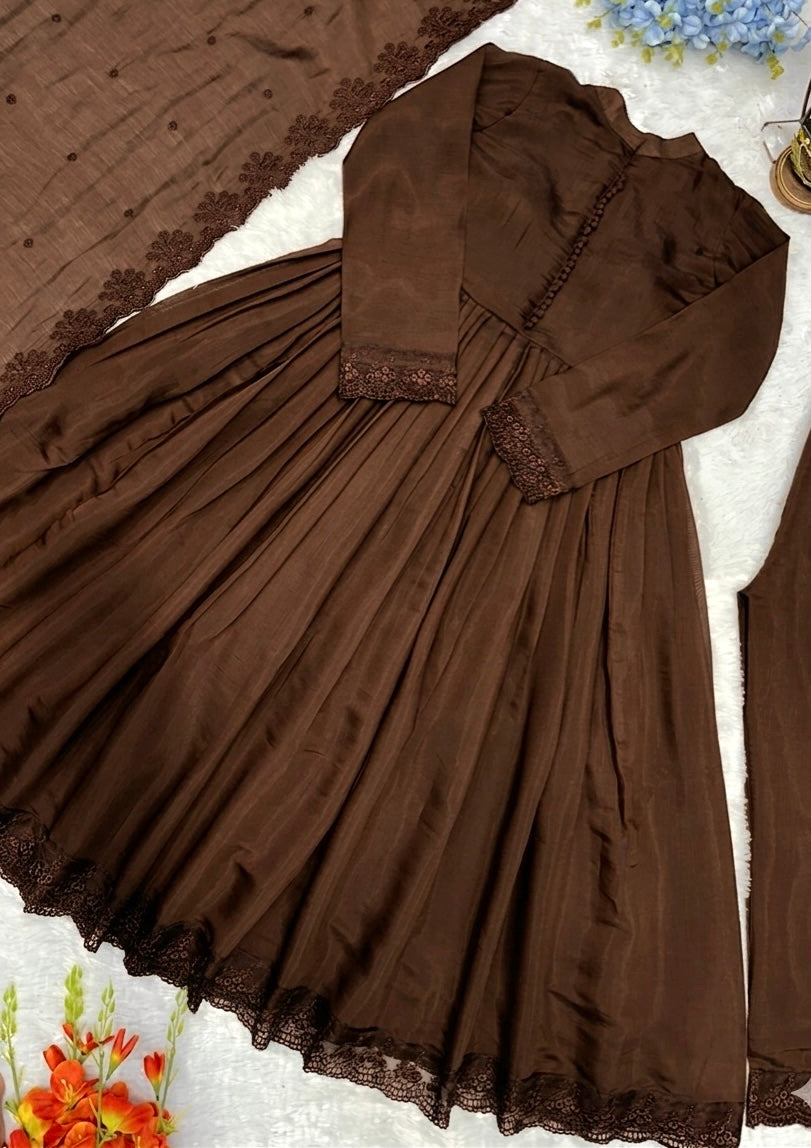 Chocolate brown embroidered Roman silk Anarkali set with dupatta