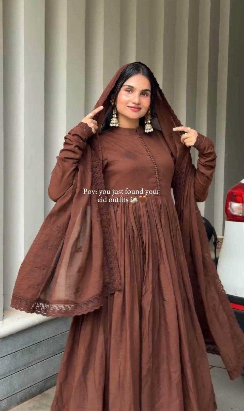 Chocolate brown embroidered Roman silk Anarkali set with dupatta