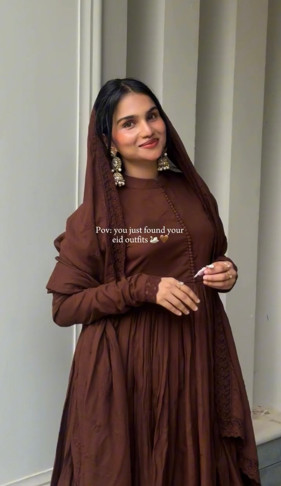 Chocolate brown embroidered Roman silk Anarkali set with dupatta
