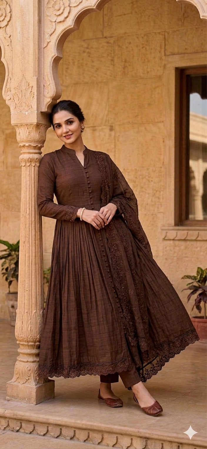 Chocolate brown embroidered Roman silk Anarkali set with dupatta