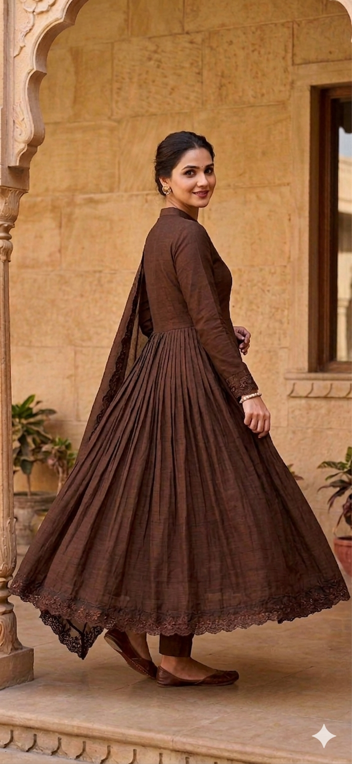 Chocolate brown embroidered Roman silk Anarkali set with dupatta