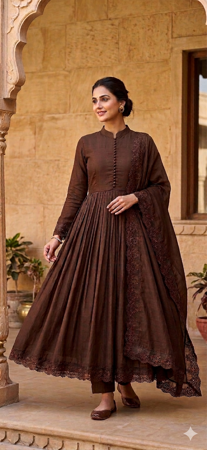 Chocolate brown embroidered Roman silk Anarkali set with dupatta