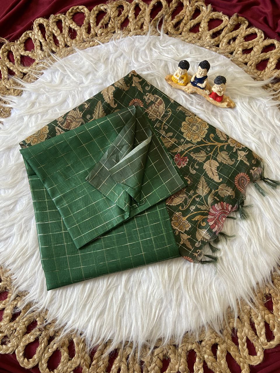 Green Semi Tussar Silk Floral Checks Saree