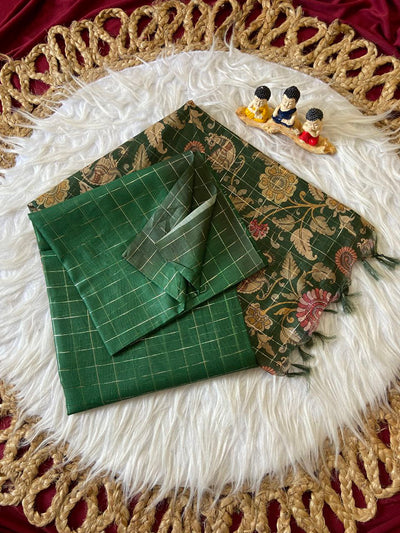Green Semi Tussar Silk Floral Checks Saree