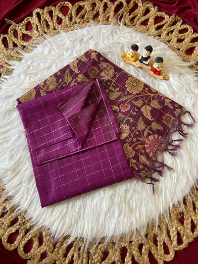 Magenta Semi Tussar Silk Floral Checks Saree