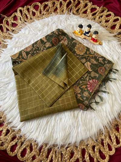 Olive Semi Tussar Silk Floral Checks Saree