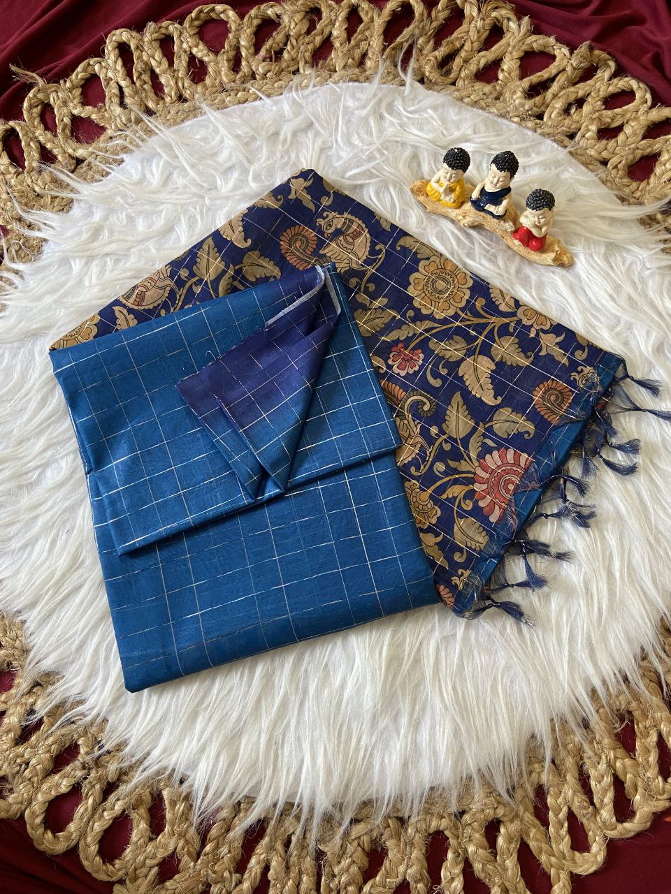 Royal Blue Semi Tussar Silk Floral Checks Saree