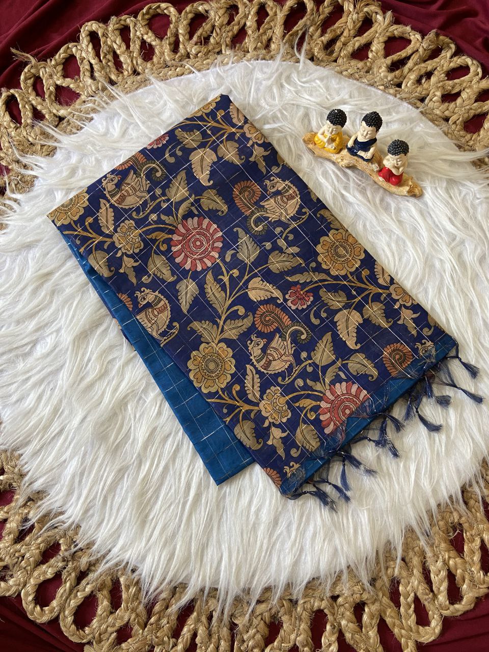 Royal Blue Semi Tussar Silk Floral Checks Saree, view 2