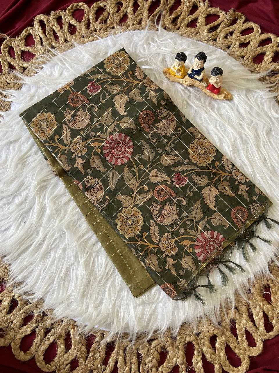 Olive Semi Tussar Silk Floral Checks Saree, view 2