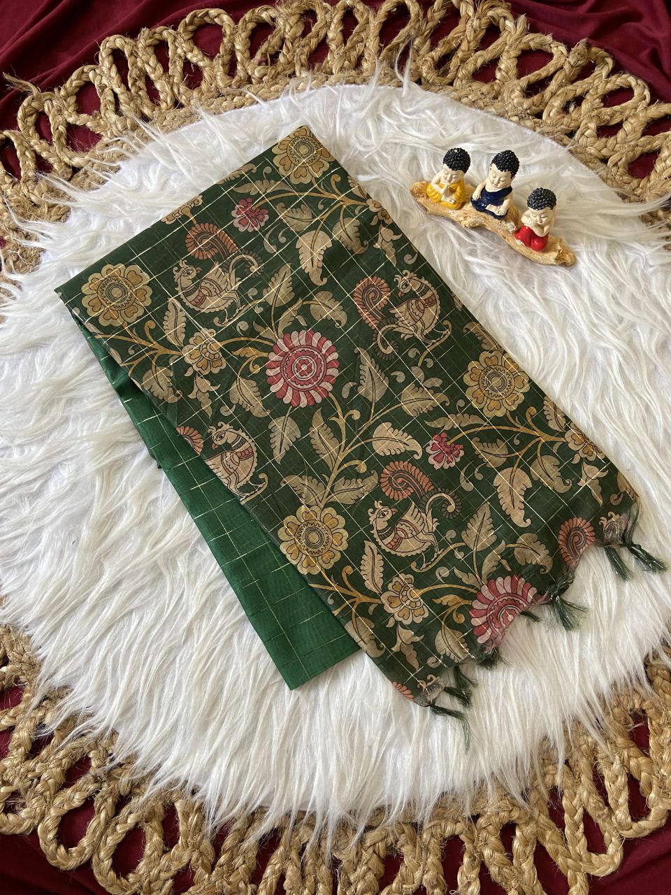 Green Semi Tussar Silk Floral Checks Saree