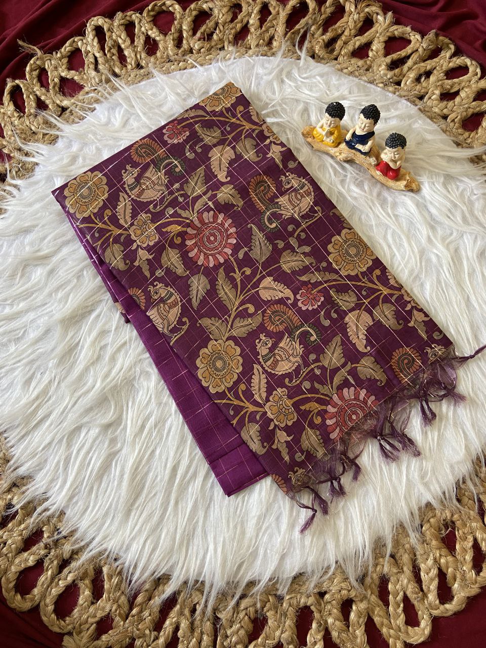 Magenta Semi Tussar Silk Floral Checks Saree, view 2
