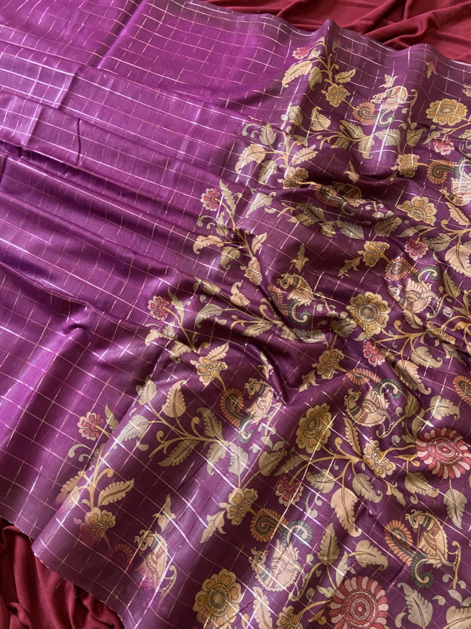 Magenta Semi Tussar Silk Floral Checks Saree, view 3