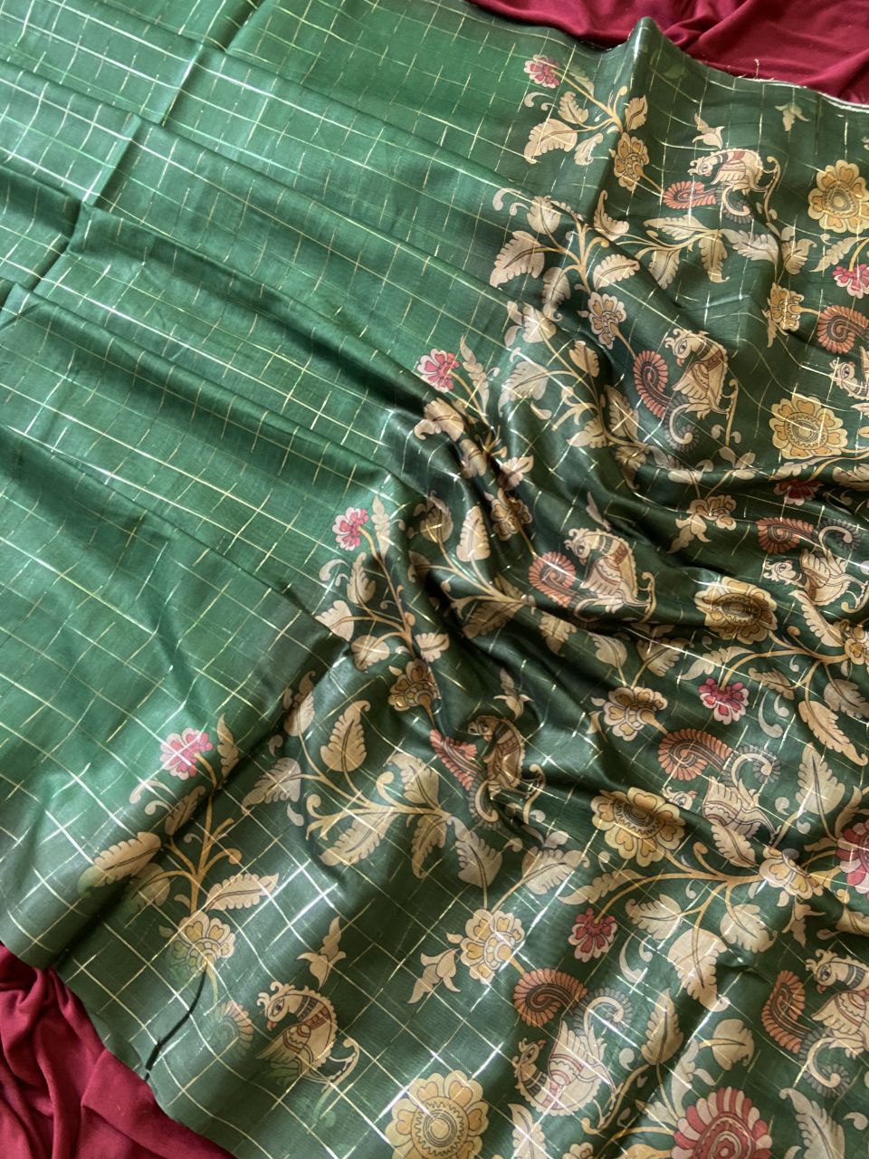 Green Semi Tussar Silk Floral Checks Saree, view 3