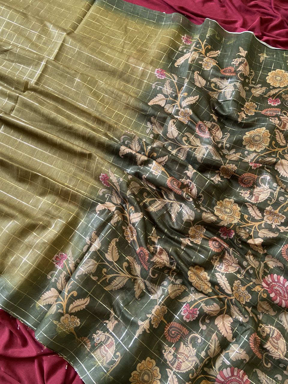 Olive Semi Tussar Silk Floral Checks Saree, view 3
