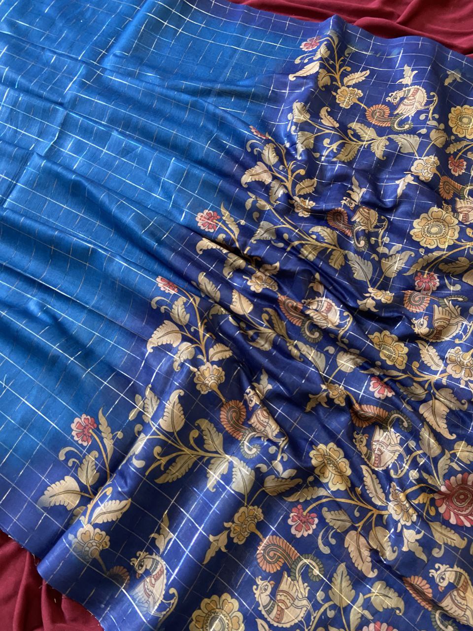 Royal Blue Semi Tussar Silk Floral Checks Saree, view 3