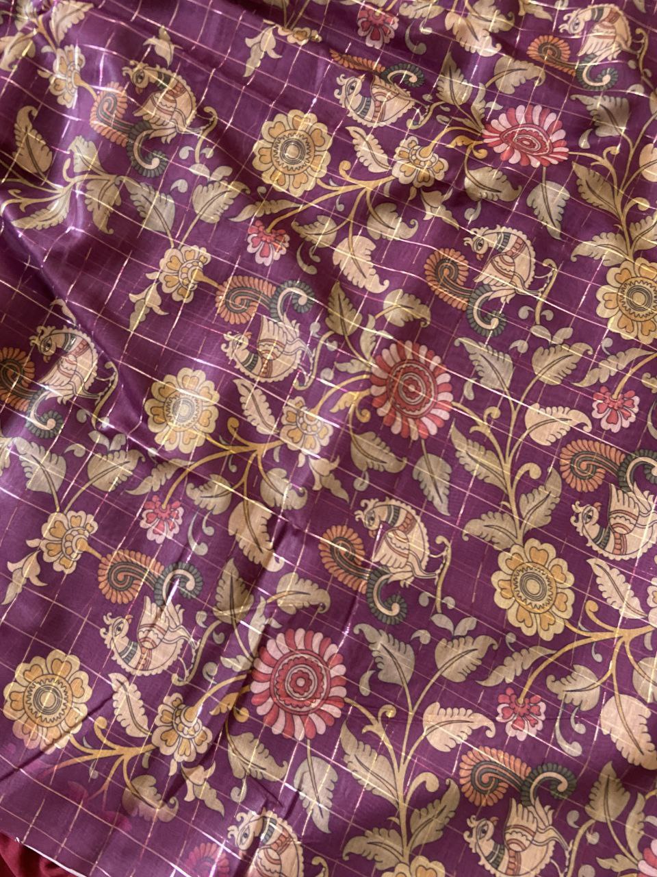 Magenta Semi Tussar Silk Floral Checks Saree, view 4