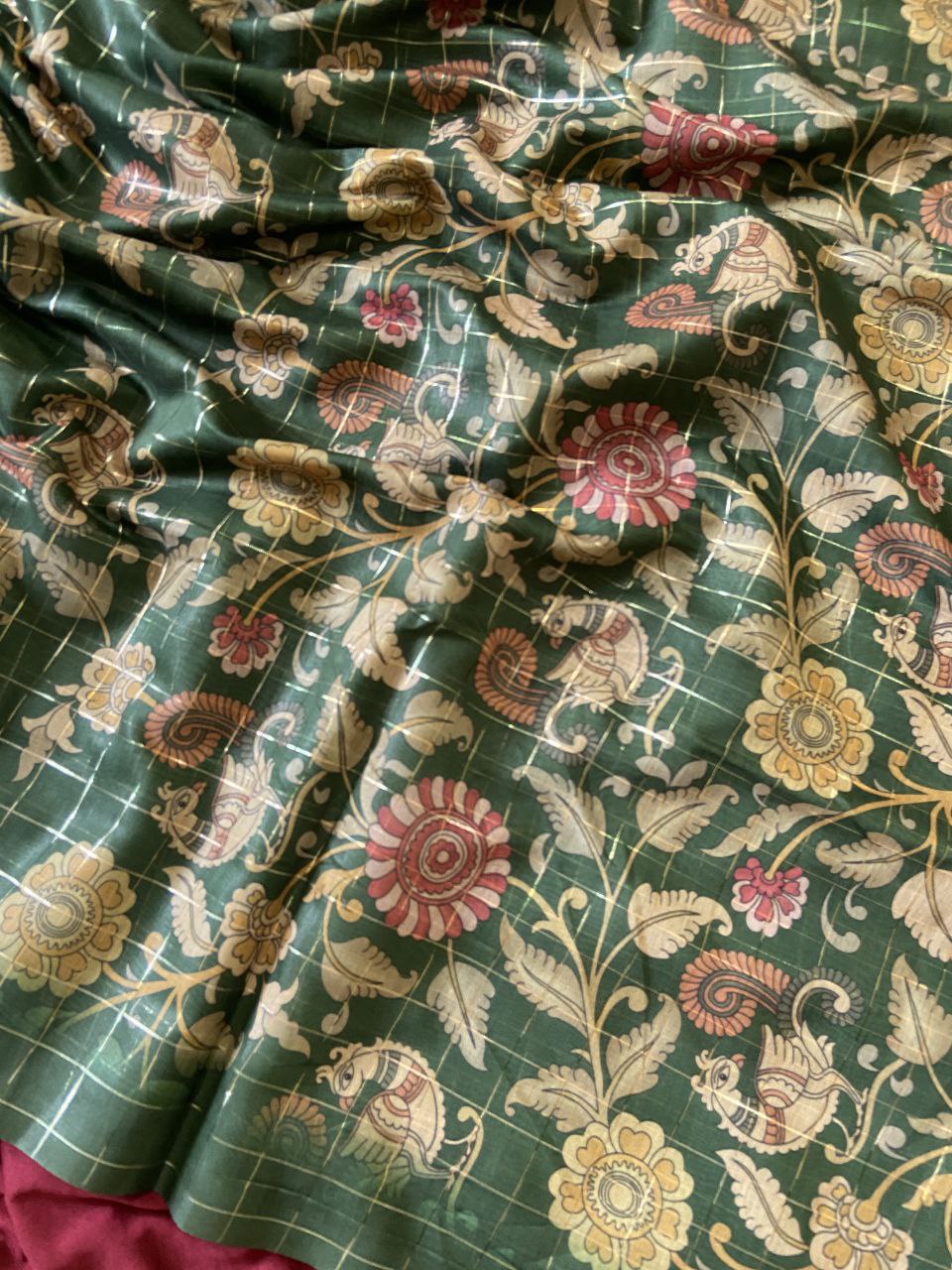 Green Semi Tussar Silk Floral Checks Saree, view 5