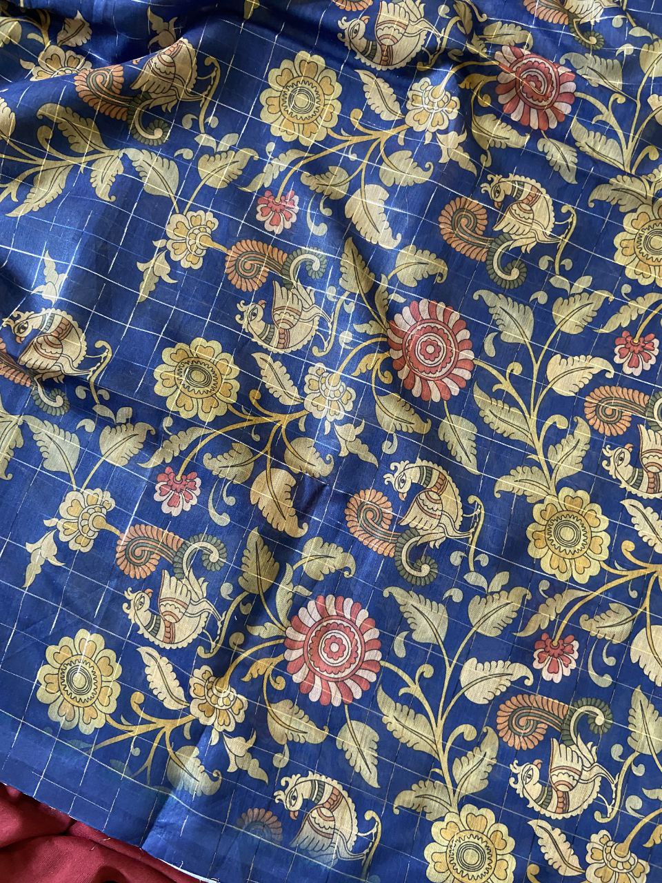Royal Blue Semi Tussar Silk Floral Checks Saree, view 4