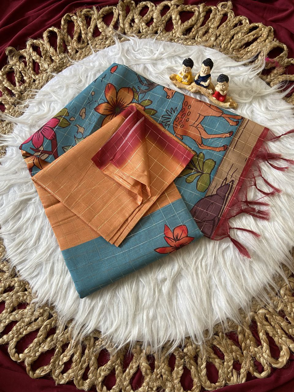 Sky Blue Semi Tussar Silk Floral Print Saree