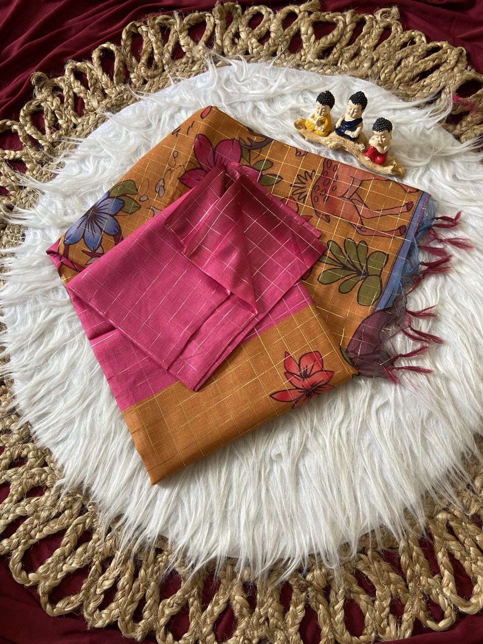 Mustard Semi Tussar Silk Floral Print Saree, view 2