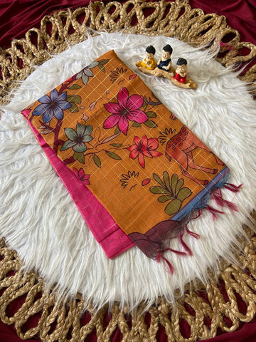 Mustard Semi Tussar Silk Floral Print Saree