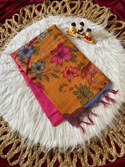 Mustard Semi Tussar Silk Floral Print Saree