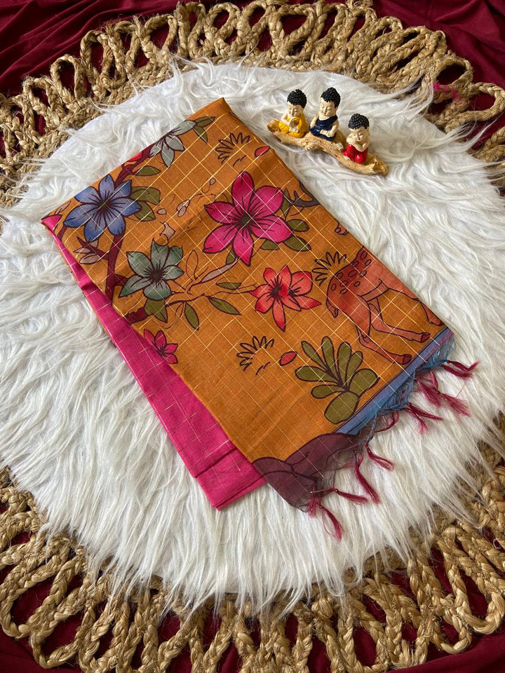 Mustard Semi Tussar Silk Floral Print Saree