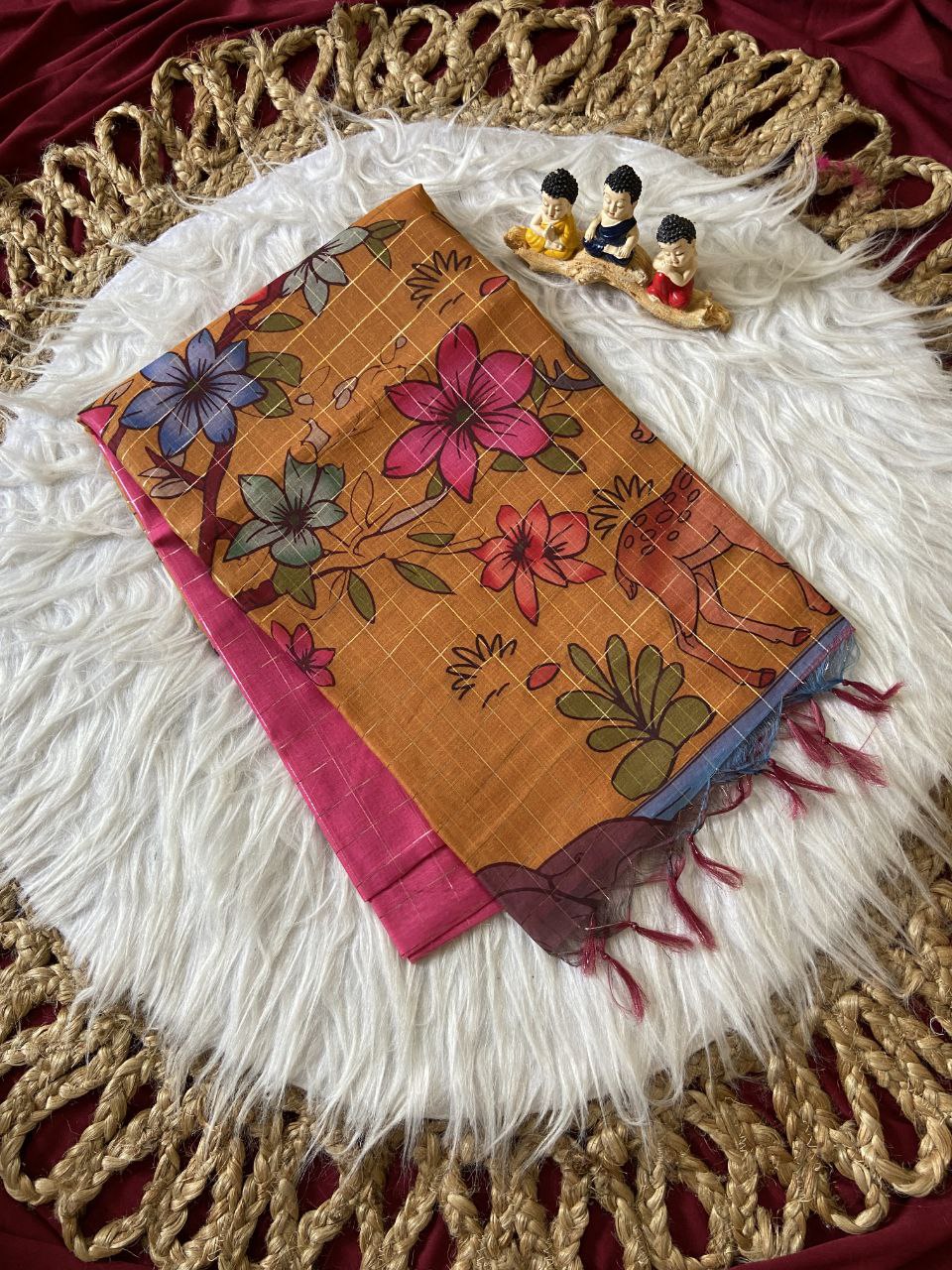 Mustard Semi Tussar Silk Floral Print Saree