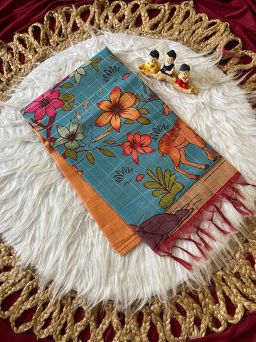 Sky Blue Semi Tussar Silk Floral Print Saree