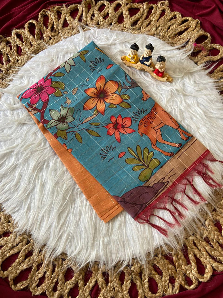 Sky Blue Semi Tussar Silk Floral Print Saree