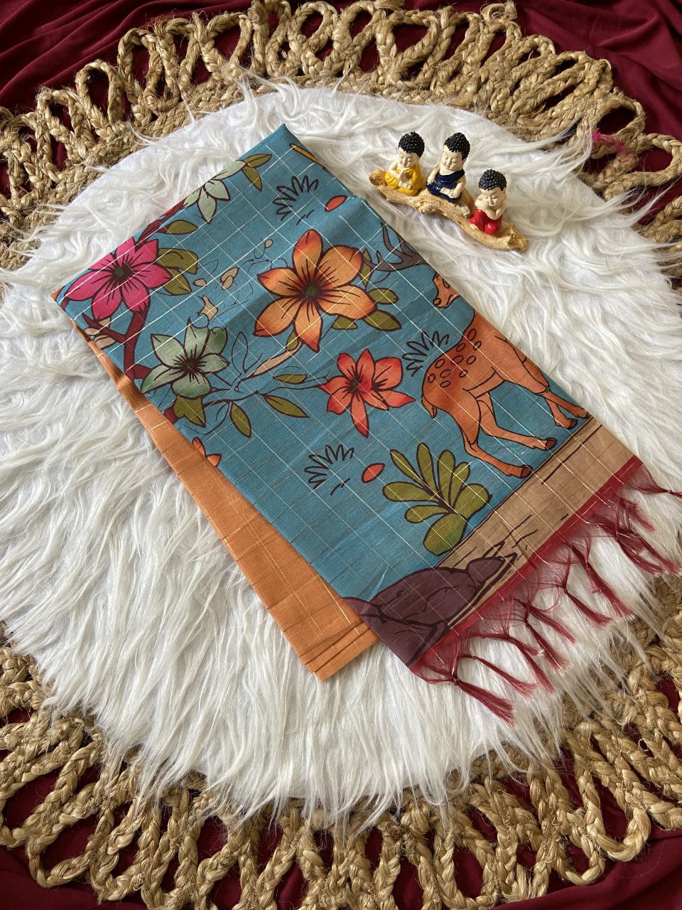 Sky Blue Semi Tussar Silk Floral Print Saree