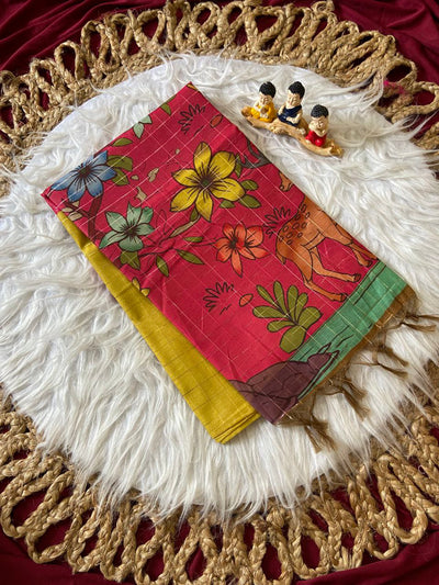 Red Semi Tussar Silk Floral Print Saree
