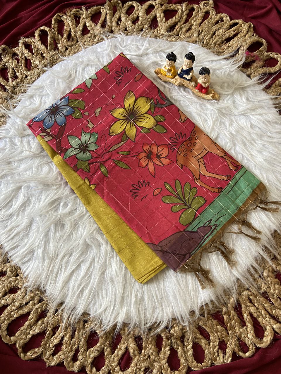 Red Semi Tussar Silk Floral Print Saree