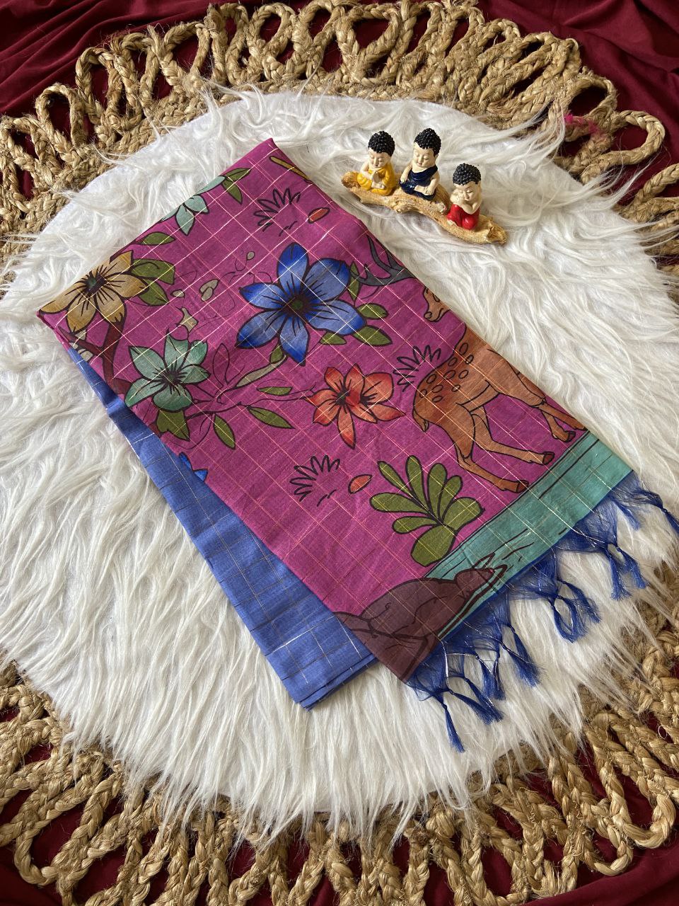Rani Pink Semi Tussar Silk Floral Print Saree