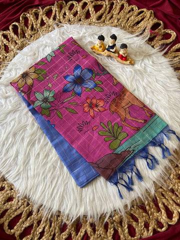Rani Pink Semi Tussar Silk Floral Print Saree