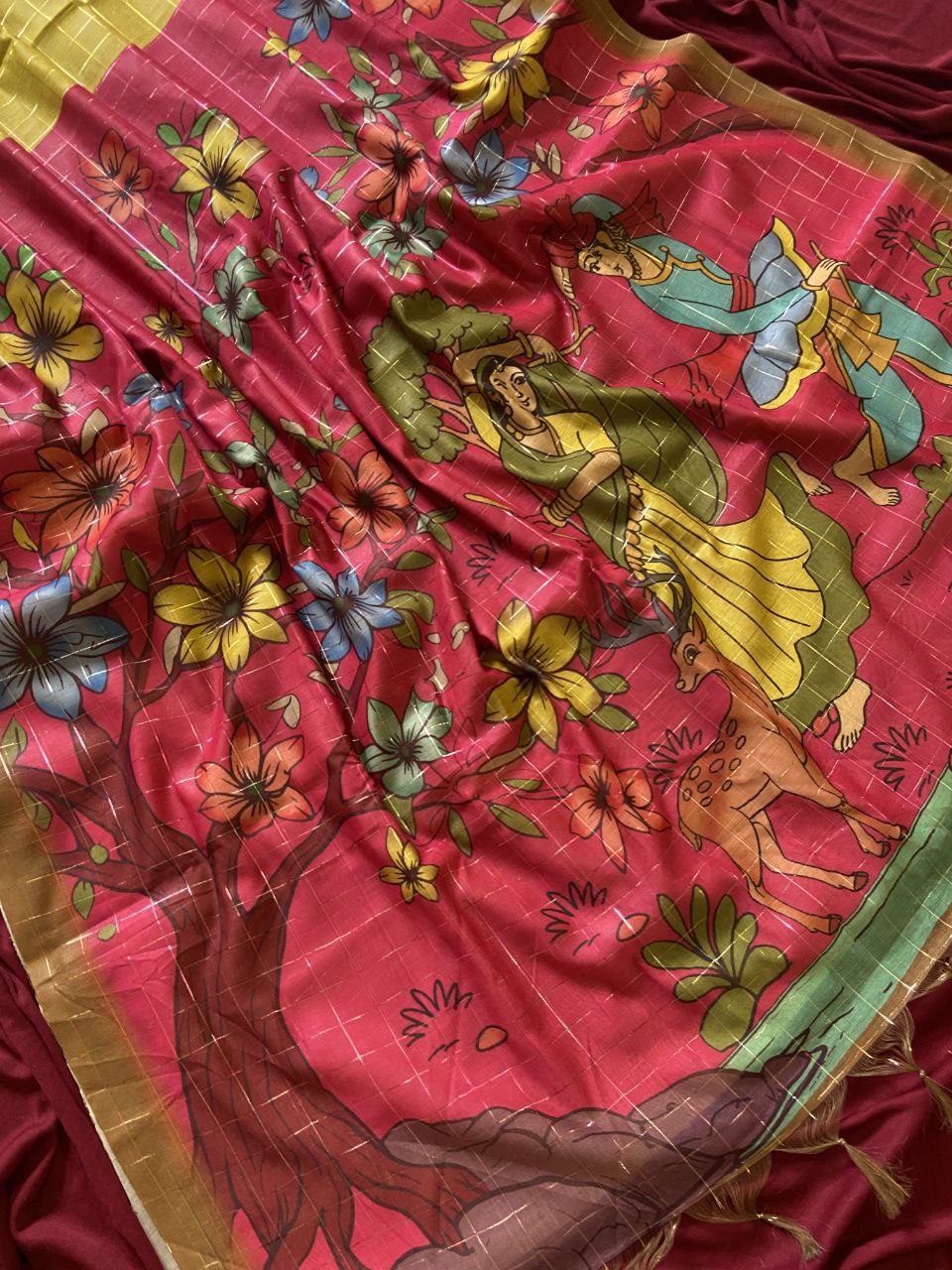Red Semi Tussar Silk Floral Print Saree, view 3