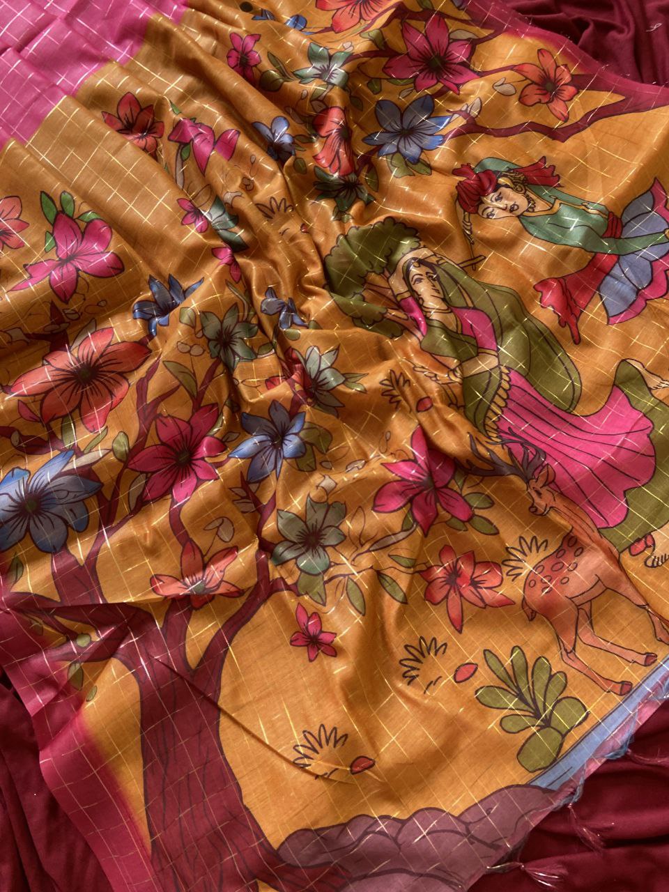 Mustard Semi Tussar Silk Floral Print Saree, view 3