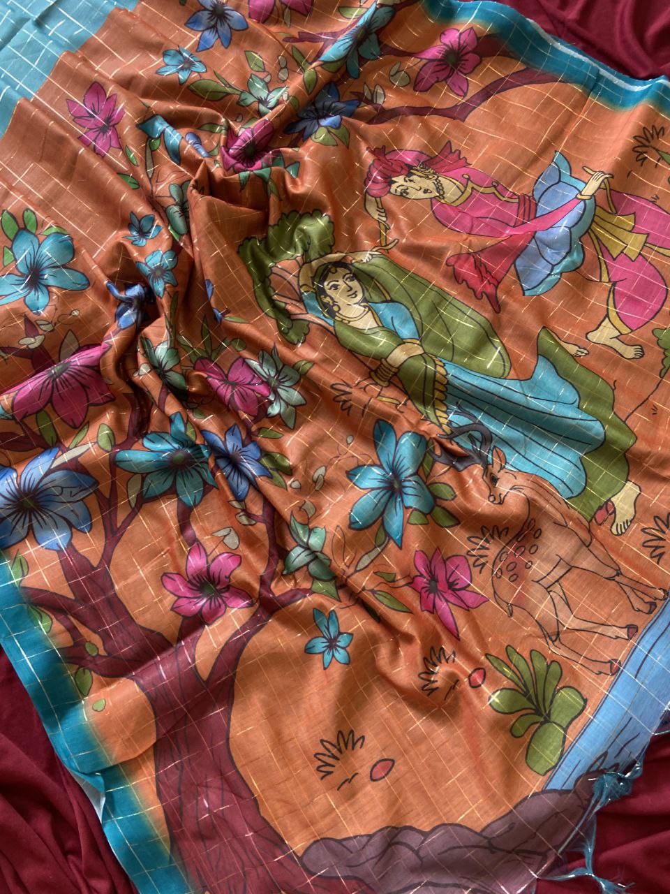 Orange Semi Tussar Silk Floral Print Saree, view 3
