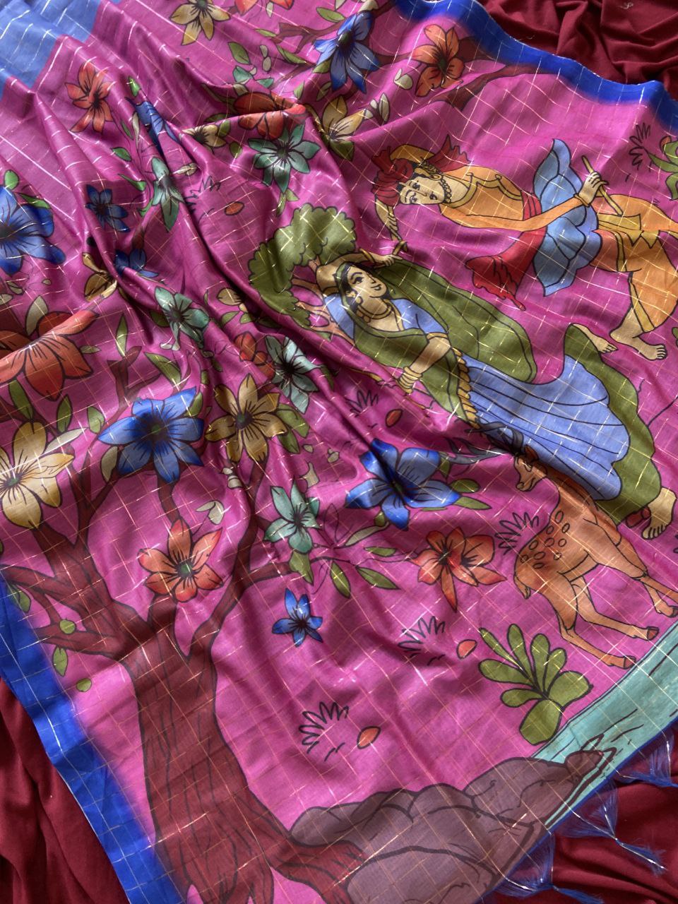 Rani Pink Semi Tussar Silk Floral Print Saree, view 3