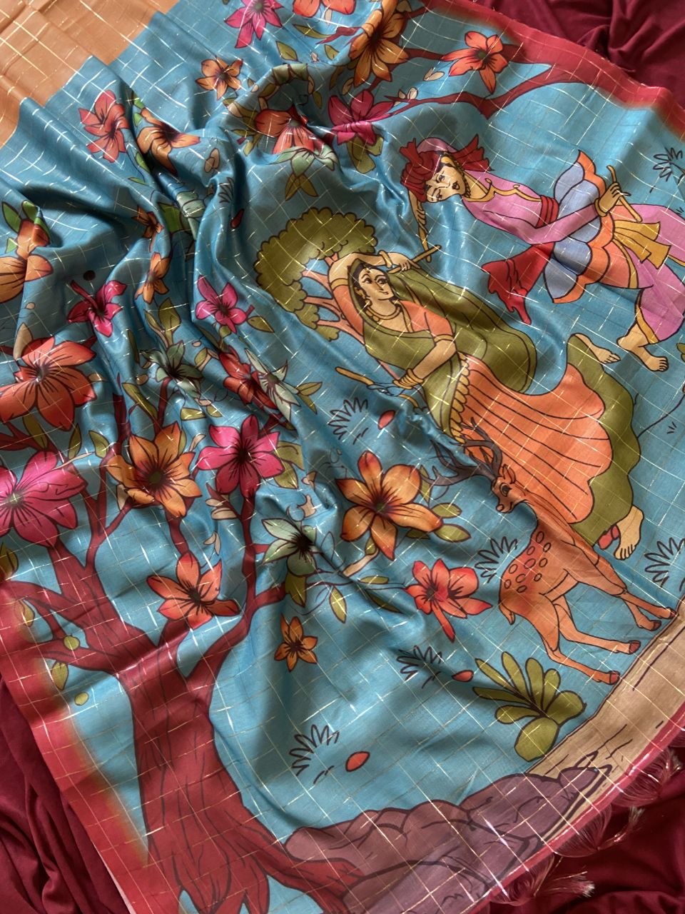 Sky Blue Semi Tussar Silk Floral Print Saree, view 3