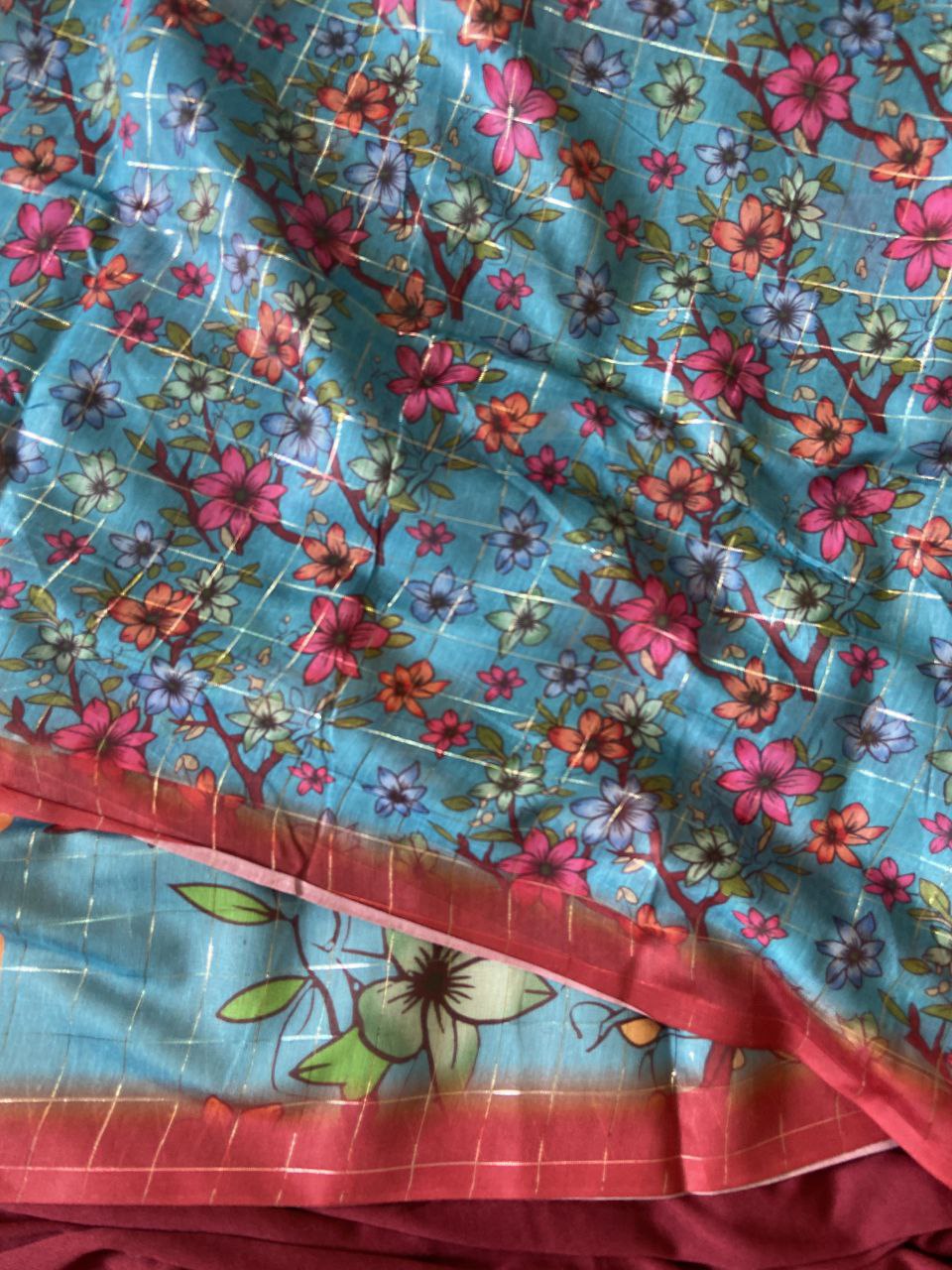 Sky Blue Semi Tussar Silk Floral Print Saree, view 4