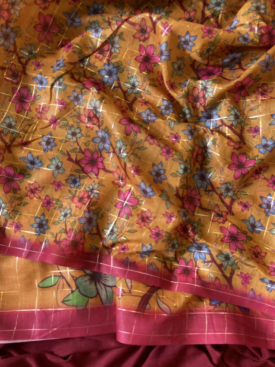 Mustard Semi Tussar Silk Floral Print Saree, view 4