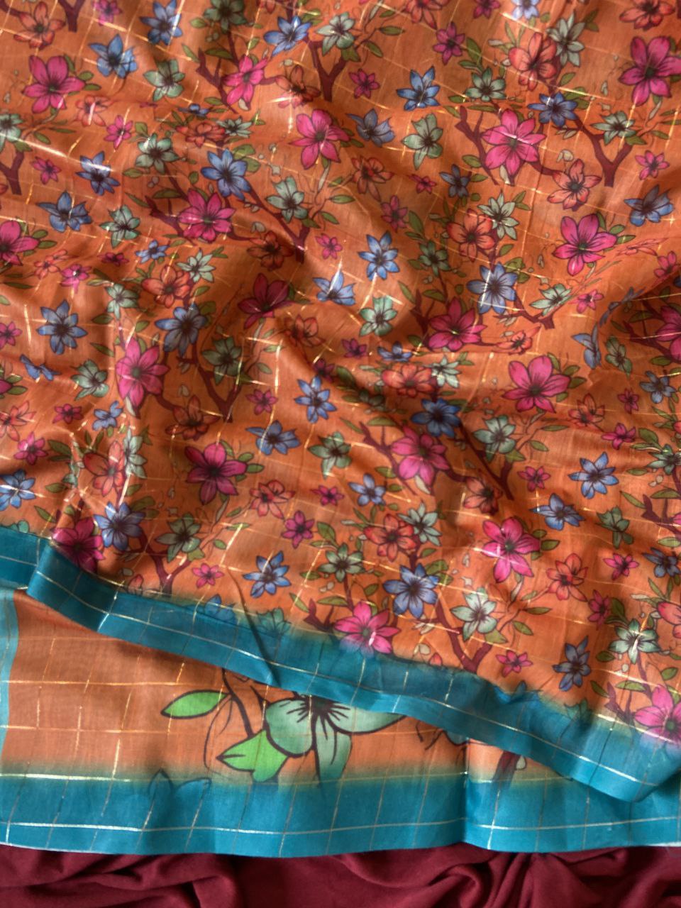 Orange Semi Tussar Silk Floral Print Saree, view 4